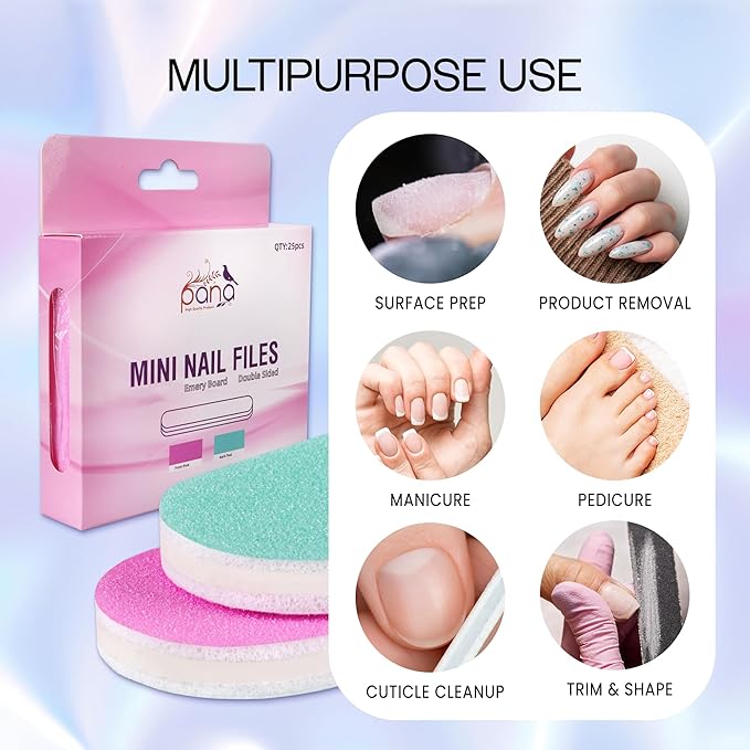 25PCS Mini Size PANA Professional Double Sided Nail Files - Pink&Teal, 100/180 Grit - Emery Board Nail Buffering File Manicure Pedicure Nail Polisher Washable