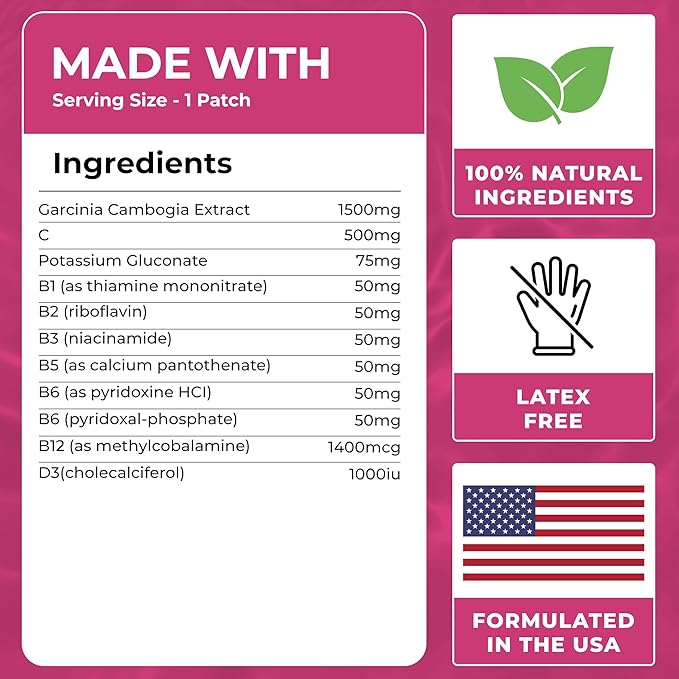 Garcinia Cambogia Patches (Pack of 60) - 100% Natural Patch for Women and Men - with B12 & Potassium - Energy, Focus & Body Support - Enhanced Formula