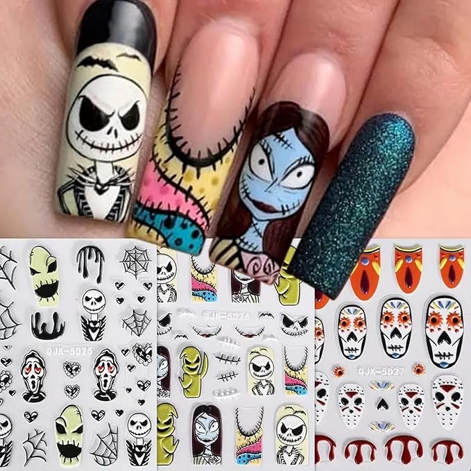 6 Pcs Halloween Nail Art Stickers Decals 5D Embossed Scary Ghost Nightmare Self-Adhesive Designs Nail Supplies Terror Scar Mask Spider Web Designs Halloween DIY Manicure Decorations for Women