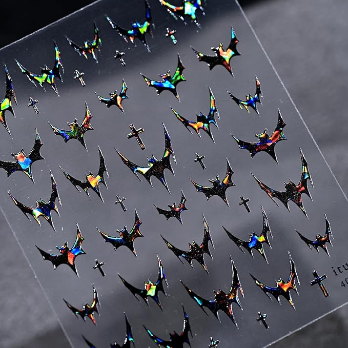 Halloween Nail Art Stickers Decals Dark Black Bat Nail Stickers 1PCS 3D Embossed Laser Bat Cross Gothic French Design Halloween Nail Decals Manicure Sliders for Women DIY Nail Art Decorations Supplies