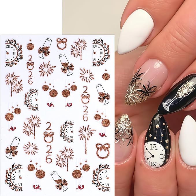 6 Sheets Christmas Bell Holly Leaf Nail Art Stickers 3D Clock Glitter Firework Design Nail Decals Xmas Tree Bow Nail Design Santa Claus Elk Nail Supplies for New Year Holiday Nail Art Decorations