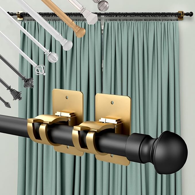 CIEMGNZOC 6PCS No Drill Curtain Rod Brackets, Self-Adhesive Curtain Rods No Drilling, Nail Free Adjustable Curtain Rod Holders, Curtain Hooks for Rod Less Than 1.57 Inch Diameter (Gold)