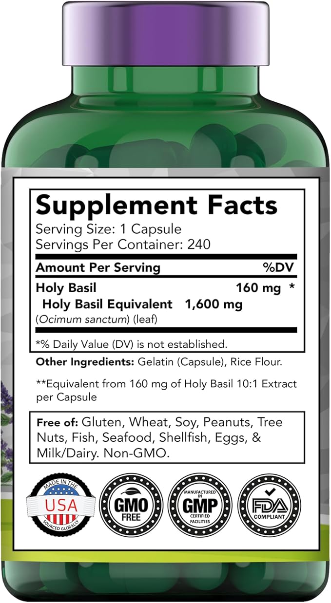 Holy Basil Capsules (1,600 mg Equivalent - 240 Capsules) | 8 Month Supply | AKA Tulsi | May Promote Stress & Frustration Relief* | Adaptogenic, & Ayurvedic Herb