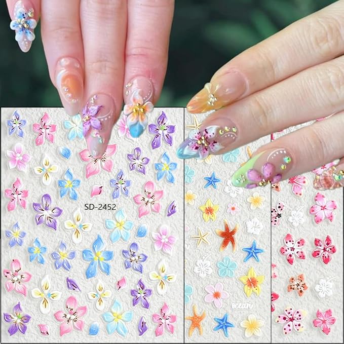 Summer Flower Nail Art Stickers Decals 5D Micro Embossed Hawaiian Flowers Nail Decals Tropical Ocean Starfish Summer Nail Stickers Lily Hibiscus Design Floral Nail Supplies for Acrylic Manicure 3Pcs