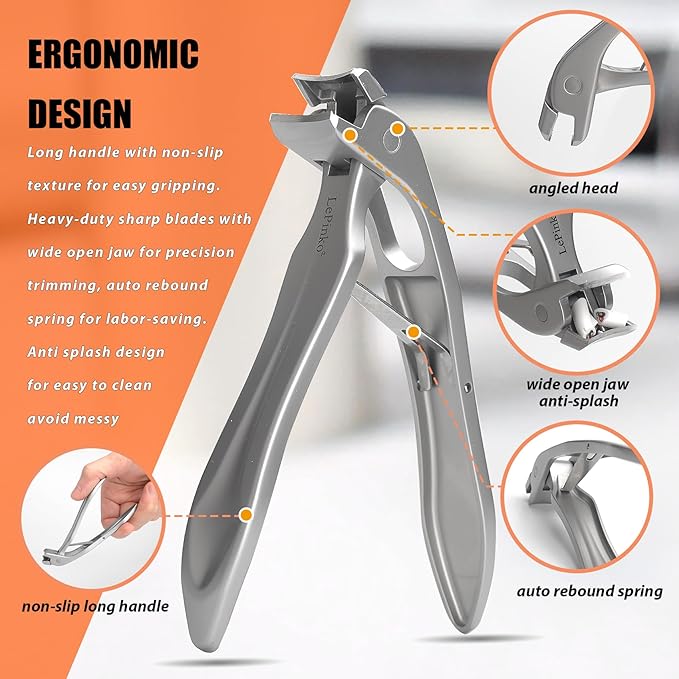 Angled Head Large Toenails Clippers for Seniors, Nail Clipper for Thick Toenails and Fingernails, Nail Cutter with Catcher, Nano Glass Nail Buffer, Gifts for Stocking Stuffers Men Women
