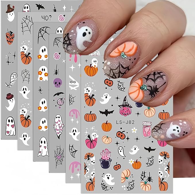 Halloween Nail Stickers for Nail Art, Ghost Nail Decals Cute Ghost Skull Spider Web Bat Pumpkin 3D Self-Adhesive Sticker Nail Art Design Holiday Manicure Decoration Supplies Nail Art Stickers 6 Sheets