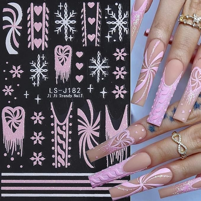 Christmas Nail Art Stickers Glitter Snowflake Candy Self-Adhesive Xmas Nail Decals Nail Art Supplies 6PCS Red Gold Glitter Xmas Tree Bow French Tip HOHO Design Christmas Stickers for Nails Decoration
