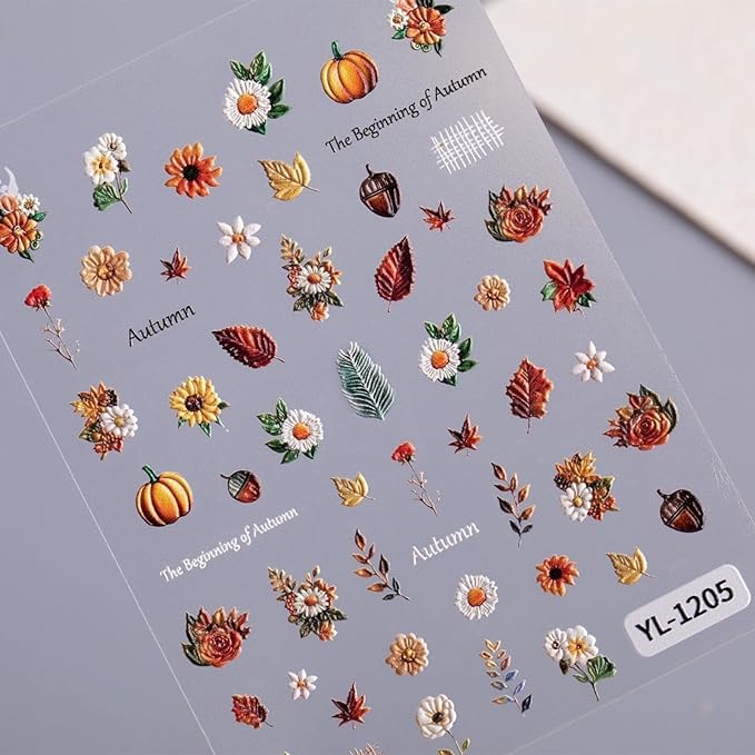 Fall Nail Art Stickers Autumn Maple Leaf Nail Decals 5D Embossed Nails Stickers Fallen Leaf Pumpkin Pine Cones Nail Supplies Autumn Flowers Nail Decals for Women Thanksgiving Day Manicure Decoration