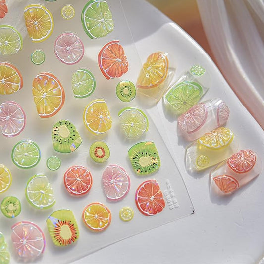 Summer Nail Art Stickers 5D Embossed Fruit Style Nail Decals Lemon Kiwifruit Self-Adhesive Nails Design Summer Nail Stickers Manicure Supply for Women DIY Nail Art Decorations