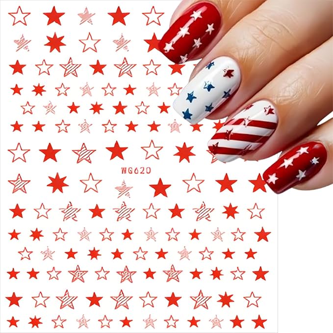 12 Sheets Star Nail Stickers Blue Red White Nail Decals Independence Day with Design Nail Decals for Nail Art 3D Self-Adhesive Nail Decoration for Women 4th of July Acrylic Nails Supplies
