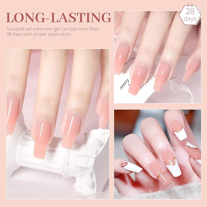 SAVILAND Builder Nail Gel Kit, Nudes Pink Hard Gel Nail Extension with Air Cushion Design, Base and Strengthener Builder with 100pcs Forms and Acrylic Brushes