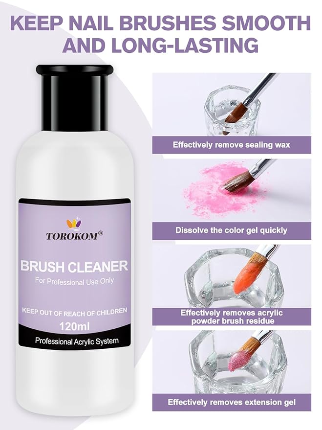 TOROKOM Acrylic Nail Brush Cleaner, 4 OZ Acrylic Brush Cleaner Nail Brush Cleaner Conditioner with Dappen Dish and Scrub Brush for Quickly Clean Gel Polish, Nail Extension Gel, Acrylic Nails Brush
