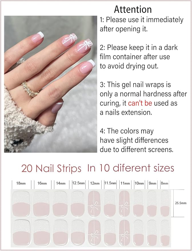 Semi Cured Gel Nail Strips, 20pcs French Bowknot Gel Nail Stickers UV for Home Nails DIY