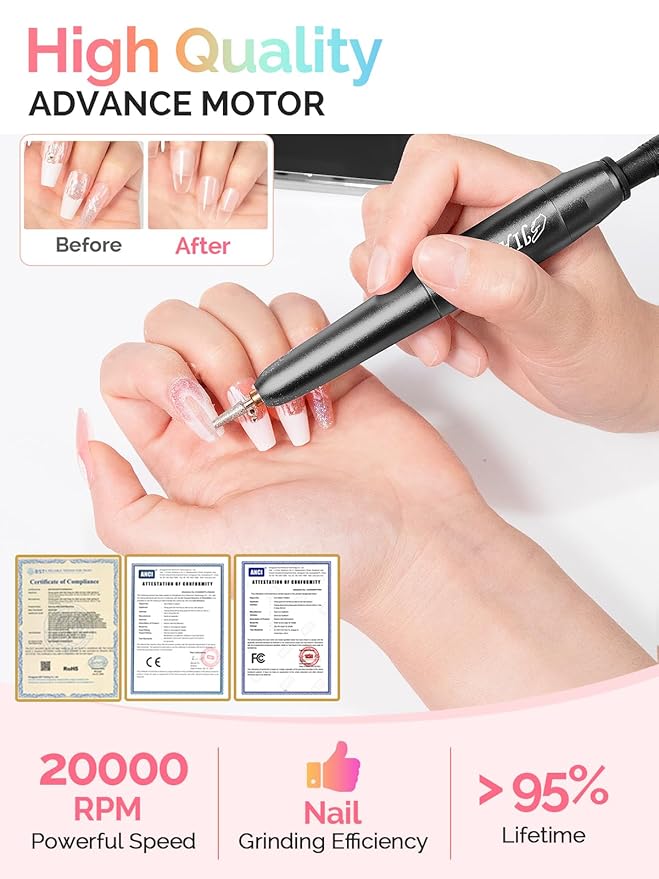Professional Nail Drill with Storage Manicure Accessories Function, Electric Nail File for Acrylic Polish Gel Remover Fingernail Grinder Tools for Home Salon Use, Black
