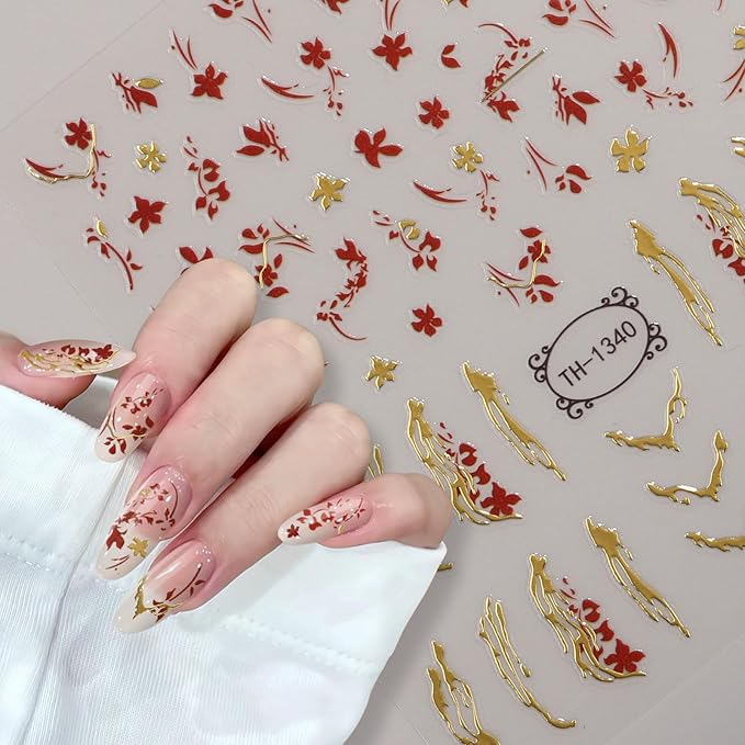 Gold Flower Nail Stickers Decals, 3D Nail Art Nail Art Stickers Gold Line Nail Decals Adhesive Metal Stripe Wave Nail Sticker for Women Manicure Decorations