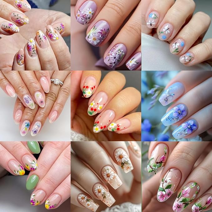 Flower Nail Art Stickers Decals 3D Silver Glitter Floral Nail Decals Spring Summer Leaf Rose Daisy Nail Stickers Colorful Cute Flower Nail Decoration Accessories for Women DIY Acrylic Nail 6Sheets