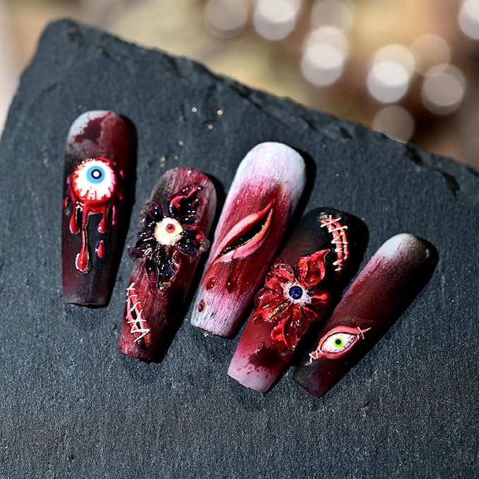 1 Sheets Halloween Nail Stickers for Nail Art 5D Embossed Nail Art Stickers Horror Blood Eye Flower Design Sticker Gothic Nail Decals Nail Art Supplies for Women Acrylic Nail Decorations