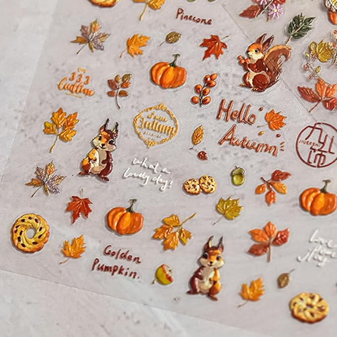 1 Sheets Fall Nail Stickers Autumn Maple Leaf Nail Art Stickers for Nail Art Cute Pine Cones Pumpkin Designs 5D Embossed Self-Adhesive Thanksgiving Nail Decals for Women Acrylic Manicure DIY