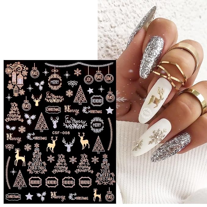 JMEOWIO 9 Sheets Christmas White Glitter Nail Art Stickers Decals Self-Adhesive Snowflake Winter Holiday Rose Gold Nail Supplies Nail Art Design Decoration Accessories
