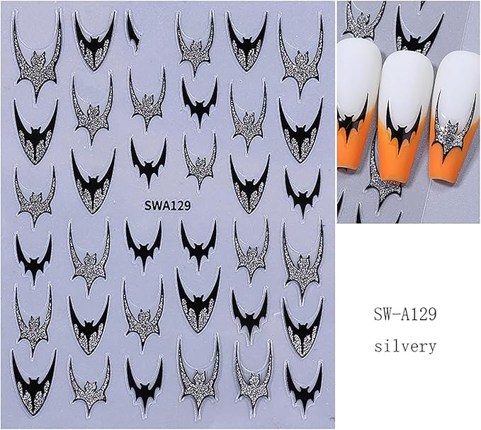Bat Nail Stickers Halloween Glitter Nail Decals 4PCS 3D Self-Adhesive Silver Golden Bat Design Holiday Accessories Slider Halloween Nail Art Supplies for Women Nail Decorations Charms French Manicure
