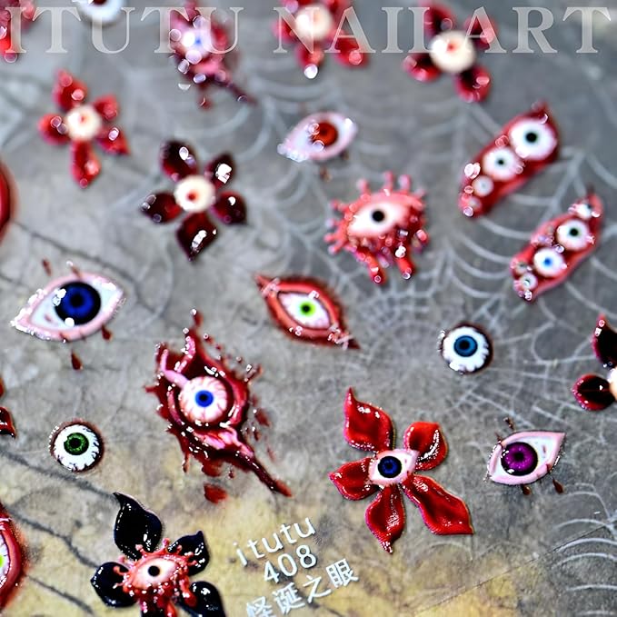 Halloween Nail Stickers Flower Nail Sticker for Nail Art 5D Self-Adhesive Evil Eye Nail Decals Red Nail Art Supplies Accessories Decoration for Women and Girls