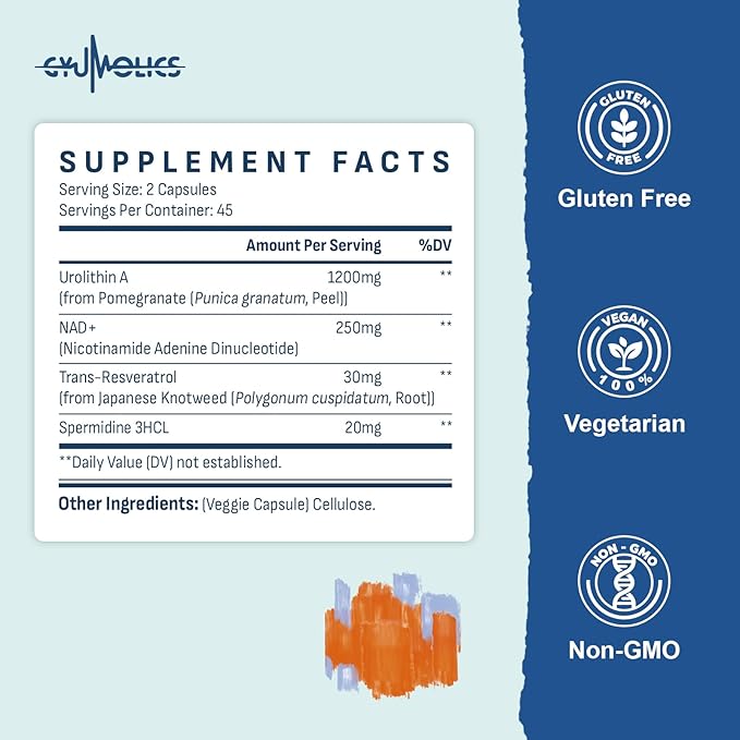 High Dose Urolithin A 1200mg Supplement for Mitochondrial, Cellular Longevity Support for Women & Men, NAD+, Trans-Resveratrol & Spermidine – High Purity & Potency, 90 Capsules