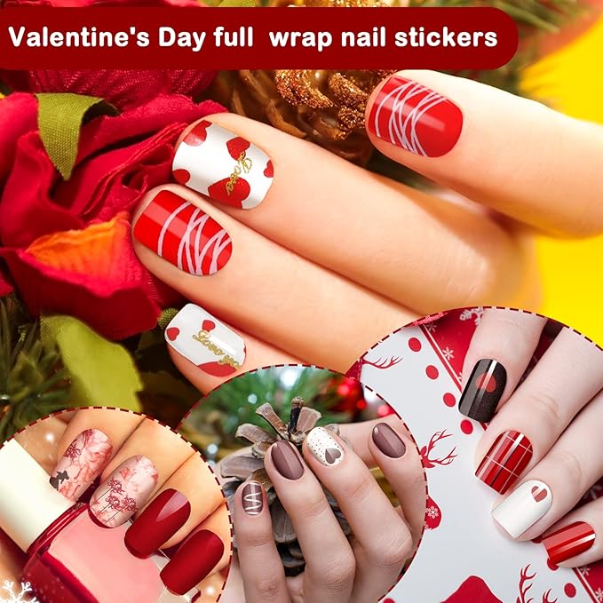140 Pcs 10 Sheets Valentine's Day Full Wrap Nail Stickers Polish Strips Gradient Stickers Glitter Self Adhesive DIY Art Decals Strips with 2 Pcs Nail Files for Valentine Decor (Sweet Style)