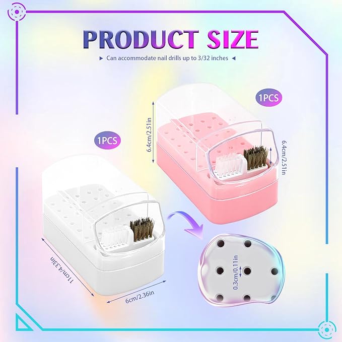 2 Pcs 2 In 1 Nail Drill Bit Holder, 30 Holes Case Tech Bits Cleaning Brush Organizer Professional Nail Tools Dustproof Stand Displayer Storage Box (Pink+White)