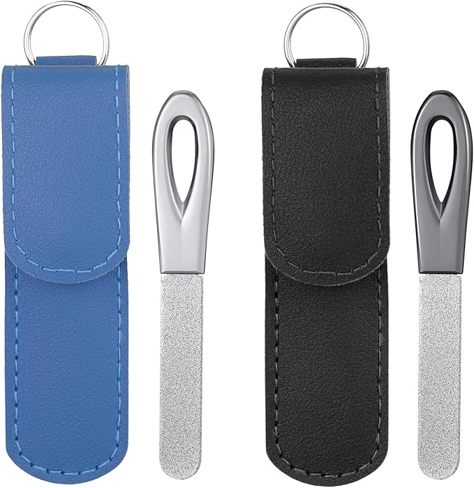 2 Pack Metal Nail File with Case, 3.6 in Travel Keychain Nail File for Natural Nails, Metal Diamond Double Sided Grit Nail Toenail Files with Leather Cases for Women Men