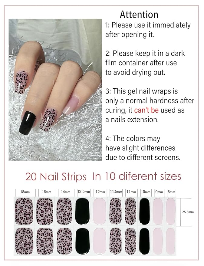 Semi Cured Gel Nail Wraps, 20pcs Nail Stickers UV - Pink Leopard