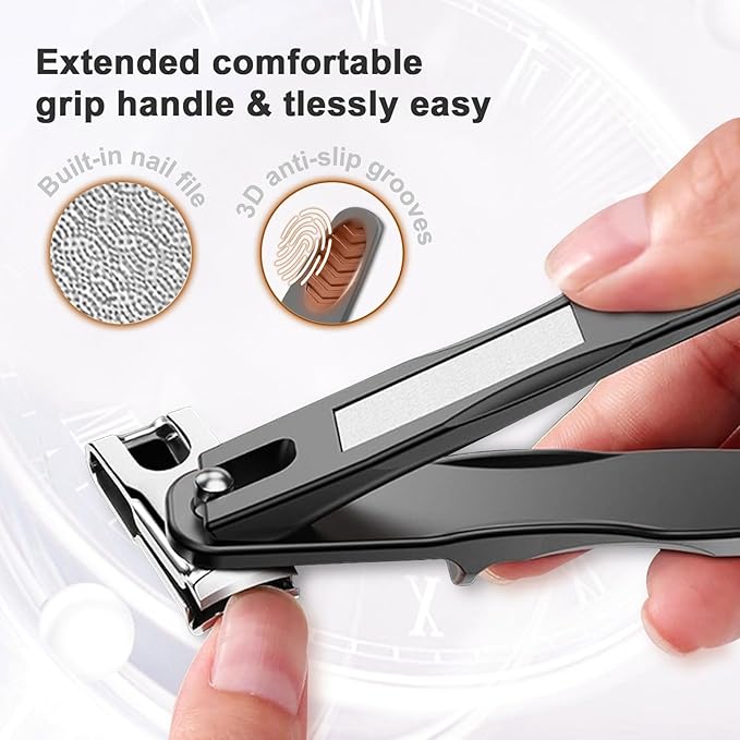 Toe Nail Clippers for Seniors, 360° Rotating Long Handle Fingernail Clipper Ergonomic Nail Cutter for Men Women Premium Steel Nail Trimmer with Glass Nail File for Thick Toenails (Black)