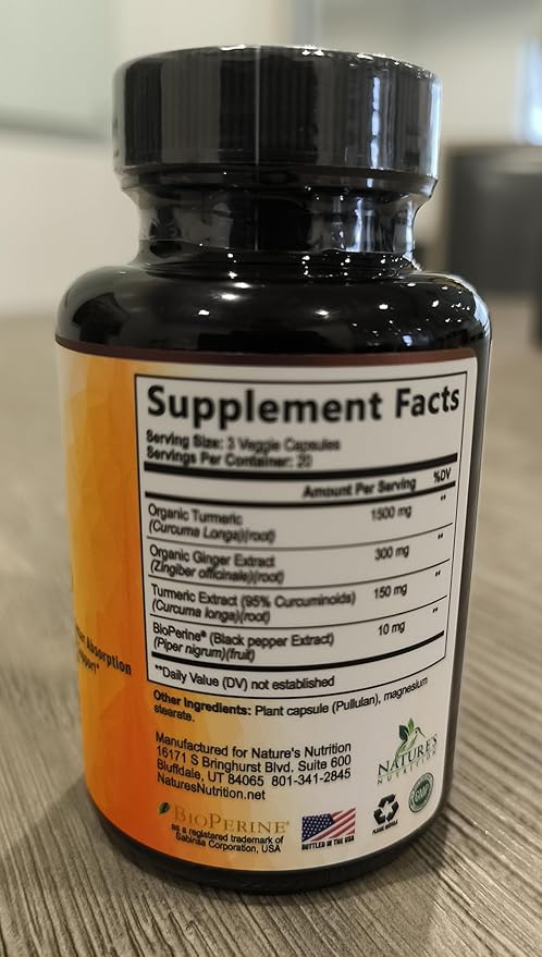 Turmeric Curcumin Supplement 1950mg - 95% Curcuminoids with Organic Turmeric & Ginger, BioPerine Black Pepper for Best Absorption, Nature's Vegan Joint Support, Non-GMO, Bottled in USA - 60 Capsules