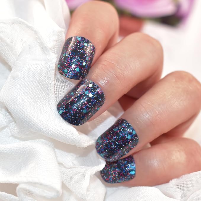 Semi Cured Gel Nail Strips Salon-Quality, Long Lasting Adhere Nail Art Stickers Decals (Sparkly Blue)