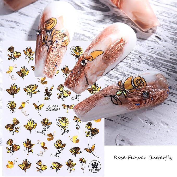 Fall Maple Leaves Nail Art Stickers for Thanksgiving, Gold Maple Leaves Nail Decals 3D Self-Adhesive with Flowers Butterfly Design 6Pcs Laser Gold Glitter Nail Art Supplies for Women Nail Decoration