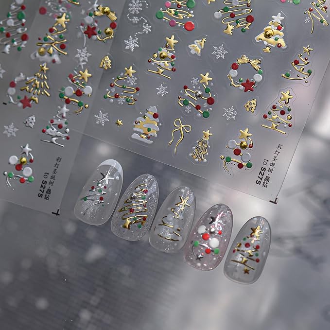 Christmas Nail Art Stickers Golden Xmas Tree Nail Decals with Rhinestone 1PCS Xmas Trees Snowflake Star Bow Christmas Nails Design Adhesive Stickers Nail Art Supplies for Women Holiday DIY Nail Art