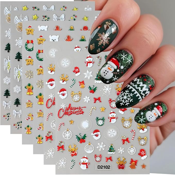 Christmas Nail Art Stickers Decals Crystal Ball Snowflake Nail Decals 3D Self-Adhesive Xmas Nail Art Supplies 6PCS Snowman Holly Leaf Santa Claus Bow Xmas Nails Design Manicure Slider for Women Girls