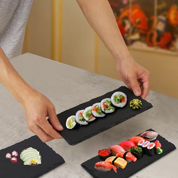 10 Pack 10 x 4.72 Inch Slate Cheese Boards, Black Rectangle Slate Charcuterie Boards, Natural Charcuterie Stone Plates for Parties, Gifts, and Special Events, Cheese, Sushi, Food.