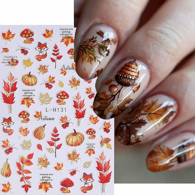 Fall Nail Art Stickers Autumn Maple Leaf Nail Decals 6PCS Fallen Leaf Pumpkins Foxes Pinecone Fall Nails Design Adhesive Stickers Nail Art Supplies for Thanksgiving Day Women Manicure Nail Decorations
