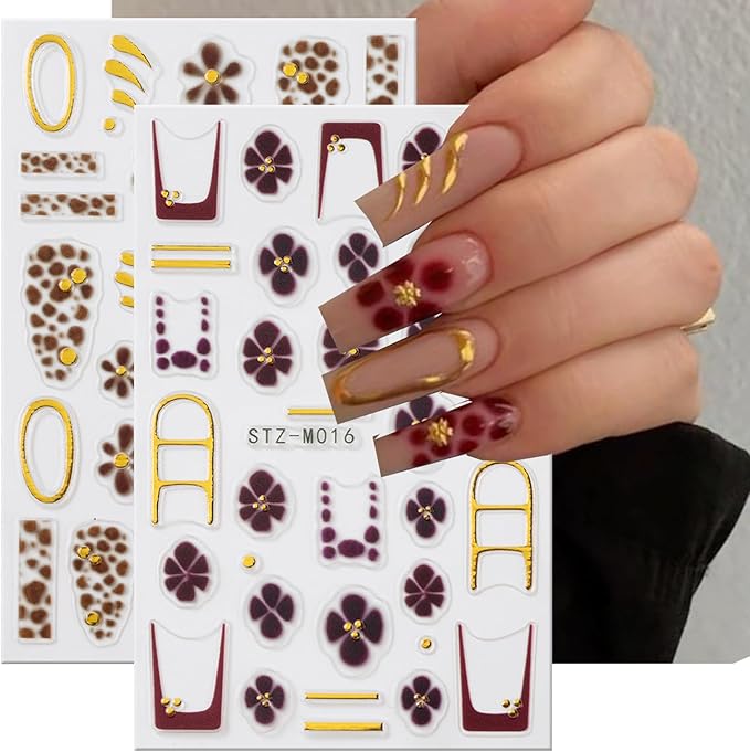 2 Pcs Leopard Print Nail Stickers Fall Decals for Nial Art French Nail Art Design 5D Embossed Brown Flower Nail Supplies Golden Circle Nail Art Accessories for Women Autumn DIY Manicure Decoration