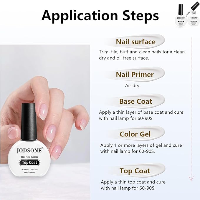 JODSONE 2Pcs 10ml No Wipe Gel Top Coat Clear Glossy Shine Finish Long Lasting No Soak Off Requires U V Lamp Curing Perfect for Salon and DIY Nail Art Design