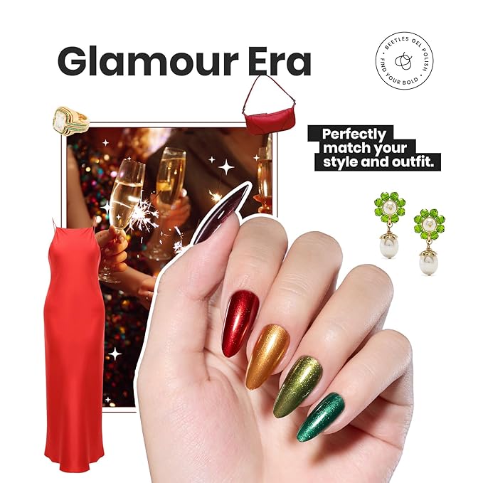 Beetles Winter Nail Polish Set - Glamour Era 6 Colors Quick Dry Glitter Burgundy Red Gold Green Yellow High-Gloss Long-Lasting Nail Polish for DIY At-Home Manicure Christmas Gift for Women