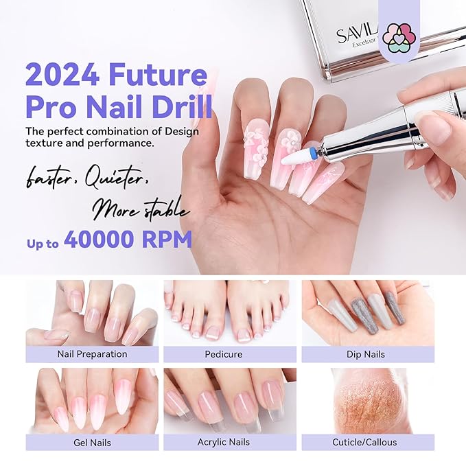 SAVILAND Electric Nail Drill Professional: 2024 Pro Future Tech 40000RPM Nail Drill Kit E File for Acrylic Nails Gel Polish Rechargeable 6000mAh Portable Nail Filer Drill Bits Salon