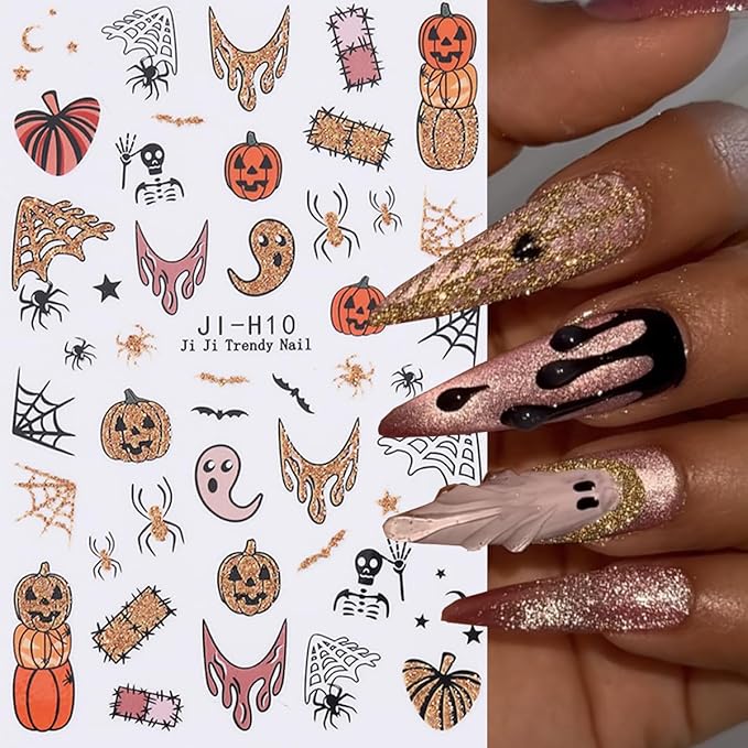 10 Sheets Halloween Nail Stickers for Nail Art Ghost Nail Art Sticker 3D Self-Adhesive Silver Gold Glitter Pumpkin Spider Web Spooky Spider Bat Nail Decals Stickers for Halloween Nails DIY