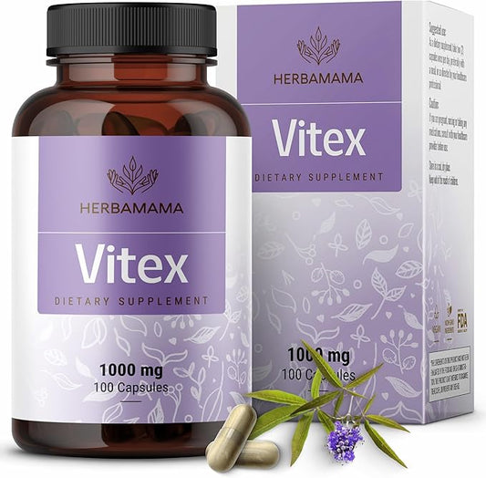 HERBAMAMA Vitex Fruit Capsules - 1000mg Chaste Tree Berry Powder for Women's Support - Vegan, Non-GMO Pure Vitex Chasteberry Supplement for Women, 100 Caps