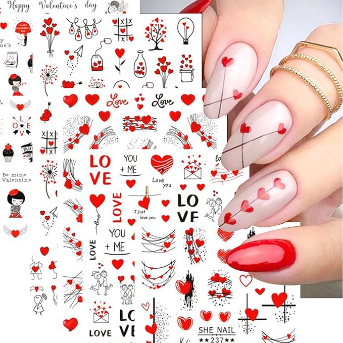 12 Sheets Valentines Nail Stickers, 3D Self-Adhesive Heart Designs, Love Rose Decals for Women Nail Art