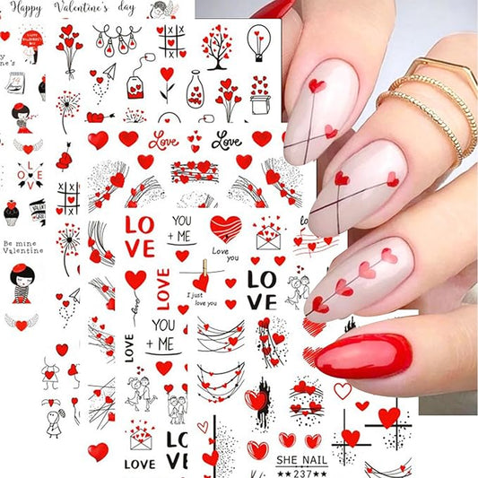 12 Sheets Valentines Nail Stickers, 3D Self-Adhesive Heart Designs, Love Rose Decals for Women Nail Art