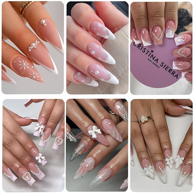 Nail Art Charms White Bow Nail Rhinestones with Glue Gel Flatback Pearls Luxurious Nails Gems Supplies Accessories White Silver Jewelry Pearls for Women Nails DIY Design