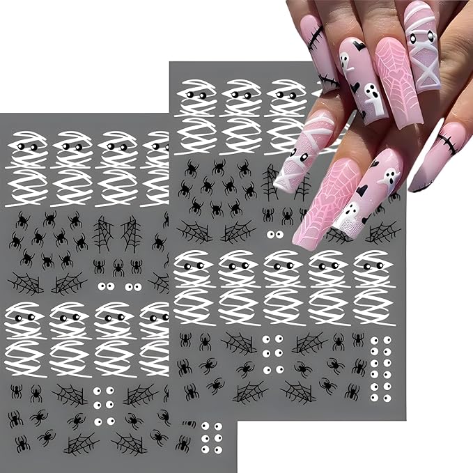 12 Sheets Halloween Nail Stickers Pumpkin Flower Nail Art Stickers 3D Self-Adhesive Bat Ghost Nail Decals Spider Nail Supplies Spider Web Nail Art Decoration for Women and Girls