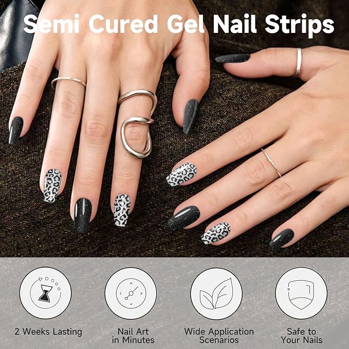 Semi Cured Gel Nail Strips,28 pcs Gel Nail Stickers, Work with Any UV Lights, Long-Lasting, NailWraps for Women DIY Gift, Easy to Apply & Remove