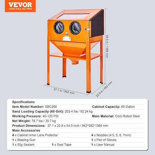 VEVOR 60 Gallon Sandblasting Cabinet, 40-120PSI Sand Blasting Cabinet with Stand, Heavy Duty Steel Sand Blaster with Blasting Gun & 4 Ceramic Nozzles for Paint, Stain, Rust Removal